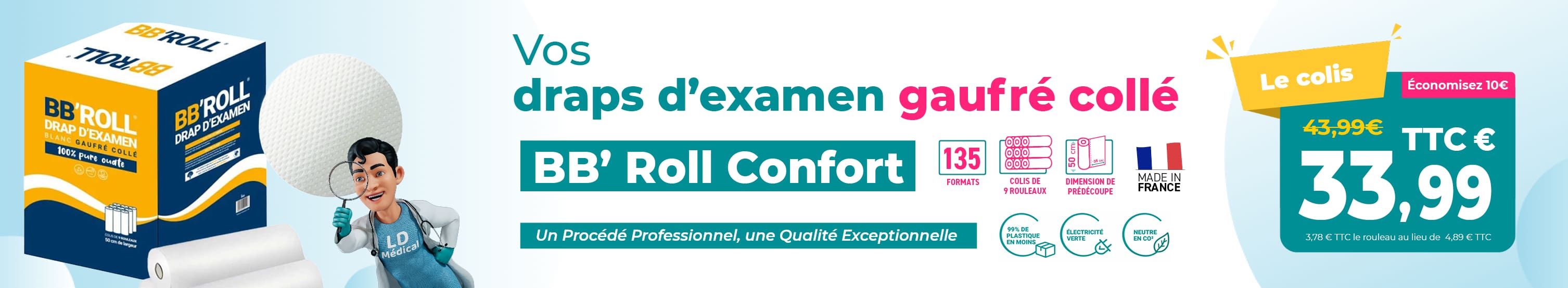 Draps d&rsquo;examen Classic&rsquo;Roll &ndash; 12 rouleaux de 135 formats pr&eacute;d&eacute;coup&eacute;s, double &eacute;paisseur, fabriqu&eacute;s en France, &agrave; partir de 3,49 &euro; TTC.